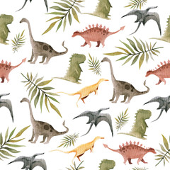 Hand drawing watercolor сhildren's pattern of cute dino and tropical leaves of palm. Funny dinosaur perfect for posters, children's fabric, prints. illustration isolated on white