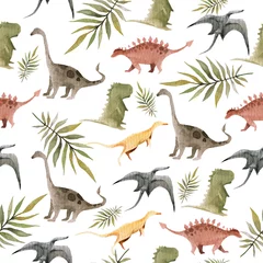 Foto auf Acrylglas Jungenzimmer Handzeichnung Aquarell Kindermuster von niedlichen Dino und tropischen Palmblättern. Lustiger Dinosaurier perfekt für Poster, Kinderstoffe, Drucke. Abbildung isoliert auf weiß