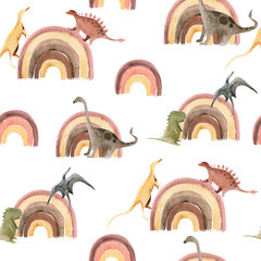 Hand drawing watercolor сhildren's pattern of cute dino and rainbow. Funny dinosaur perfect for posters, children's fabric, prints.  illustration isolated on white © 60seconds