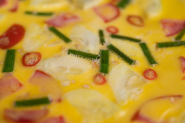 Close up of Steamed eggs containing bacon Chili and spring onion.