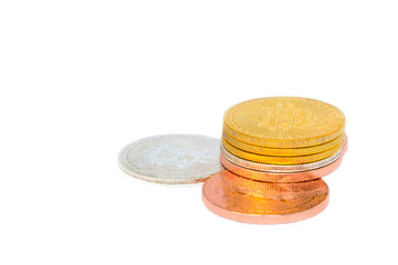 crypto currency gold silver bronzen bitcoin isolated on white