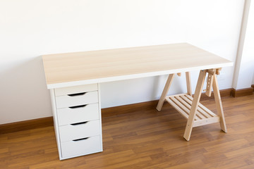 working space with wood table and chair in white empty room.