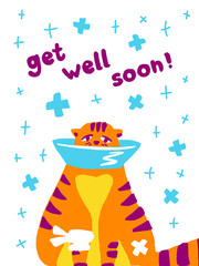 Greeting card Get well soon with a cute sick cat. Cartoon funny style. Vector illustration on a white