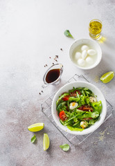 Fresh vegetable salad with lettuce, tomatoes, cucumbers and mozzarella