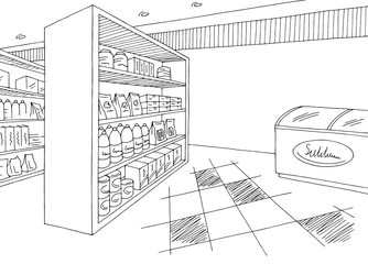 Grocery store shop interior black white graphic sketch illustration vector