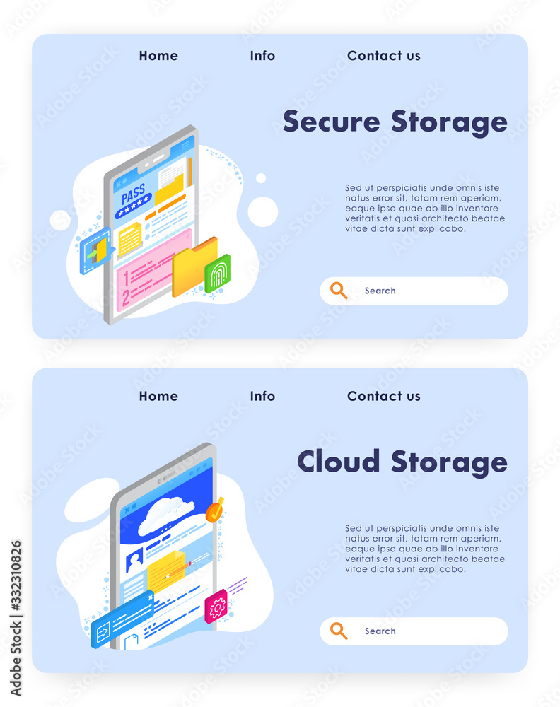 Poster data storage vector website landing page template set