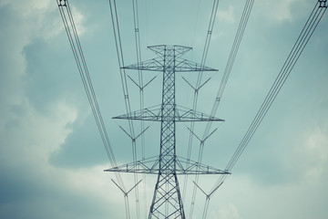 High voltage pole cable wire and Blue sky with cloud ..