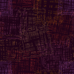 Seamless pattern with colorful grunge striped rough grid square elements on dark background
