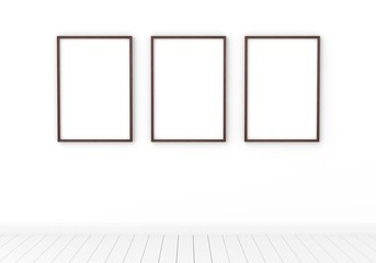 Mockup Three empty photo frame for mockup in empty white room.