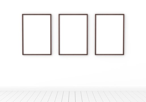 Mockup Three empty photo frame for mockup in empty white room.