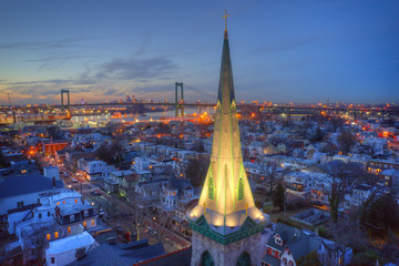 Aerial View of Church Steeple in Riverfront Community