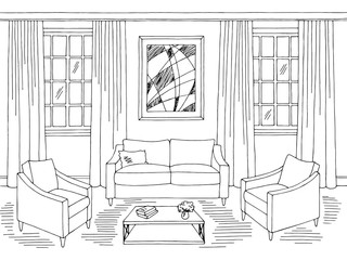 Fototapeta premium Living room graphic black white home interior sketch illustration vector