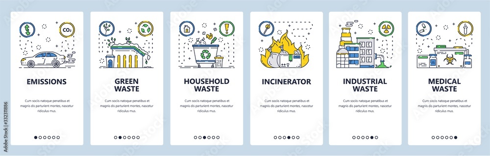 Poster waste management website and mobile app onboarding screens vector template