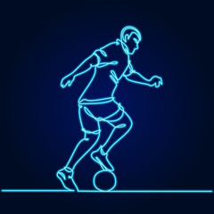 Fototapeta na wymiar Line art neon light soccer players, sports people. Lettering continuous one line football. Vector illustration on black