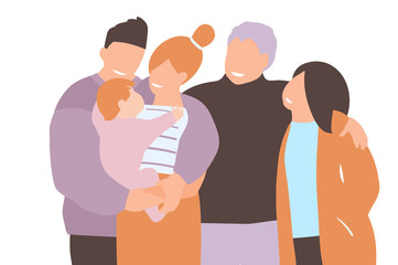 Parents young holding newborn baby and elderly hugging together and smiling graphic design.