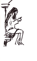 graphic black and white drawing sitting girl with a phone