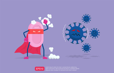 Cartoon illustration of hand soap super hero with mask and cloak. hygienic concept against pathogen virus and bacteria. vector illustration