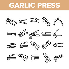 Garlic Press Utensil Collection Icons Set Vector. Garlic Press Kitchenware Equipment, Stainless Kitchen Tool, Metallic Ware For Cooking Concept Linear Pictograms. Monochrome Contour Illustrations