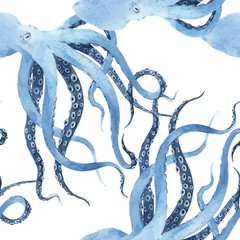 Beautiful vector seamless underwater pattern with watercolor octopus. Stock illustration.