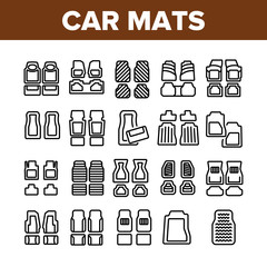 Car Mats Floor Carpet Collection Icons Set Vector. Car Mats, Automobile Elastic Flooring Accessory, Vehicle Interior Part Concept Linear Pictograms. Monochrome Contour Illustrations