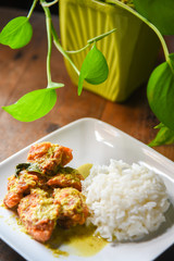 Deep Fried Chicken  and Green Curry with Rice , vegetable  in White plate. Thai food