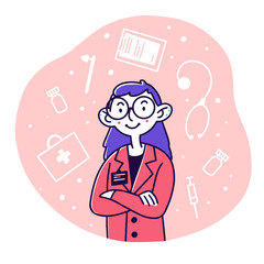 Medical professional in white coat and glasses. Doctor, physician, badge flat vector illustration. Medicine, occupation, healthcare concept for banner, website design or landing web page