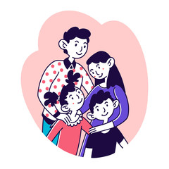 Happy family portrait. Couple hugging to kids flat vector illustration. Unity, love, togetherness concept for banner, website design or landing web page