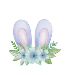 Easter bunny ears and floral crown isolated on white background. Watercolor illustration for Spring Easter holiday greeting card or woman t-shirt design