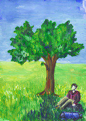 Tired hiker sitting under an oak tree on green grass