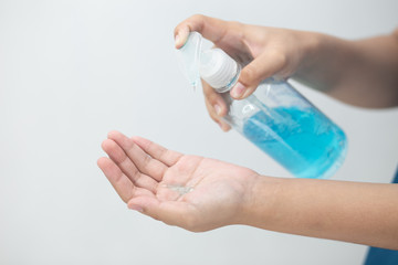 Hand using alcohol gel clean and wash hands sanitizer anti virus bacteria.