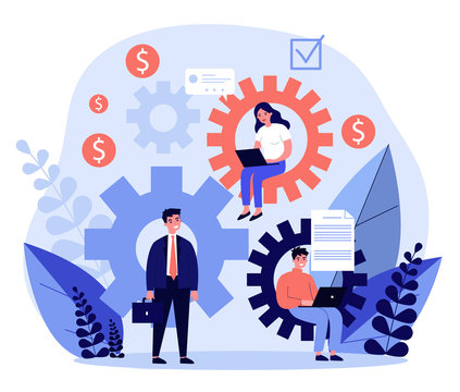 Teamwork strategy for office flat vector illustration. Tiny people with computers seating at big cogwheel. Organization, business mechanism and company mission concept.