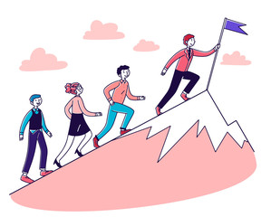 People running for leader uphill, setting flag on top. Business team climbing mountain peak. Vector illustration for leadership, challenge, winning, success, goal concept