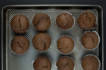 Top view simple  chia seed chocolate muffins on a rustic baking sheet.