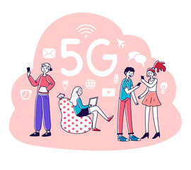 Young people using digital devices. Mobile phone users enjoying 5G high speed wireless internet connection. Vector illustration for interaction, telecom, network, smart technology concept