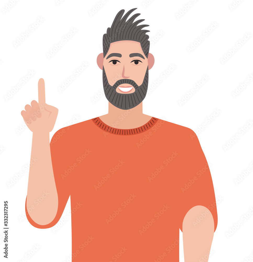 Poster concept of a great idea. man with a joyful face and a raised index finger on a white background. vec