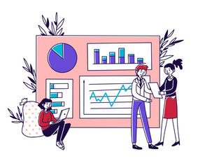 Analysts developing marketing strategy.vector illustration. Employees analyzing statistics. Office workers studying infographic on dashboard. Marketing research, data analytics