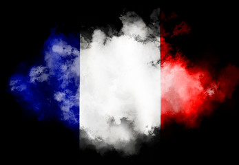 French flag performed from color smoke on the black background. Abstract symbol.