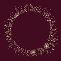 Greeting card with flowers made in a circle. Burgundy background. Cartoon style illustration. Stock illustration.