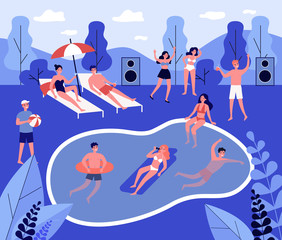 Modern swimming pool party flat vector illustration. Happy people in swimwear dancing, swimming. Summer, vacation and relaxation concept.