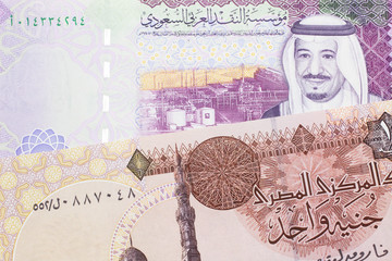 A one Egyptian pound bill with A colorful five Riyal note from Saudi Arabia close up in macro