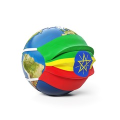 Earth Globe in a medical mask with flag of Ethiopia Ethiopian isolated on white background. Global epidemic of Chinese coronavirus concept.
