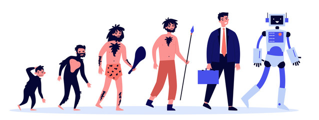 Human evolution theory flat vector illustration. Way from monkey to cyborg or robot. Cavemen as ancestors. Anthropology, reality and history concept.
