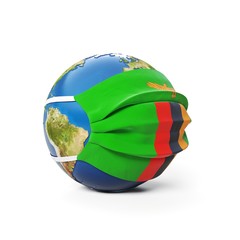 Earth Globe in a medical mask with flag of Zambia Zambian isolated on white background. Global epidemic of Chinese coronavirus concept.