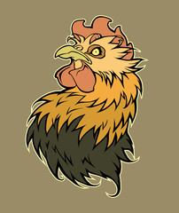 Hand drawn outline illustration of a beautiful rooster bird. Graphic style vintage illustration