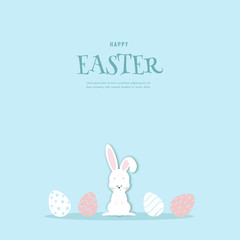 Easter blue card with paper bunny. Easter illustration in cartoon style, shadow, vector. Easter background. Easter bunny with eggs. Vector illustration