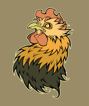 Hand drawn outline illustration of a beautiful rooster bird. Graphic style vintage illustration