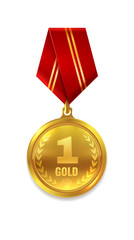 First place. Prize or award for success and winning with red ribbon isolated vector golden medal