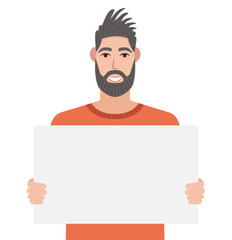 Smiling man is holding a blank poster. Placard for advertising. Vector illustration in cartoon style.