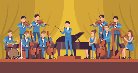 Symphony Orchestra. Classical music concert, conductor and musicians with instruments violin, flute and cello, trumpet and harp vector concept