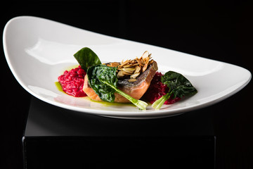 baked salmon with beetroot risotto